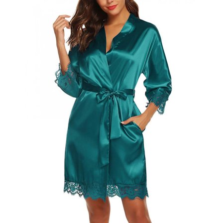 Naisten satiini silkki kylpytakki vino V-kaula lyhyt kimono takki morsiusneitojen takki ------ Tummanvihreä (Koko XS)