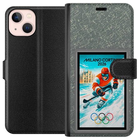 Kompatibel Tegnebogsetui til Apple iPhone 13 mini Curling illustration med spillere og sten på isen, Milano Cortina 2026, snedækkede stænk og olymp