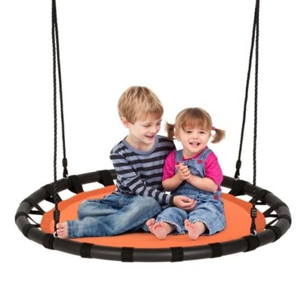 COSTWAY Rund Fågelbo Gunga Ø100CM för barn Justerbar höjd 100-160CM Belastning 150 KG med flerskiktsrep Orange