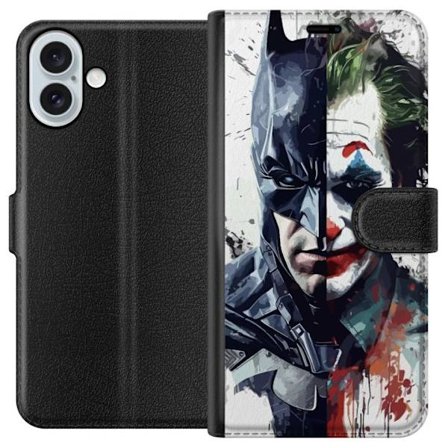 Yhteensopiva Lompakkokotelo Apple Apple iPhone 16 Plus Jakettu muotokuva Batmanista ja Jokerista dramaattisessa kuvituksessa, kuvankaunis supersankari
