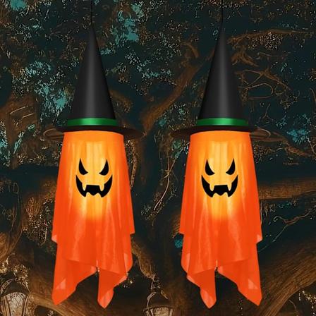 (L mmin valo)] Halloween-ripustusvalot, hehkuvat kurpitsa-noitakyp r valot, ajastettu pelottava valo, ripustettavat haamuvalot sis tiloihin