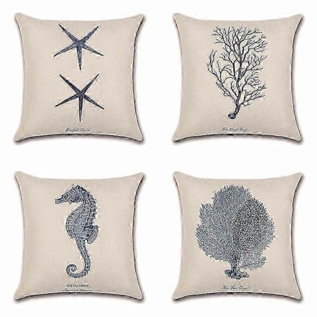 Ocean Park -teemainen koristetyynynpäällinen D 18 x 18 tuumaa, neliön muotoinen - Meri - Ranta - Tuloste - Meritähti - Merihevonen - Matka