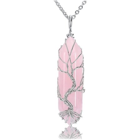 Crystaltears Rosenkvarts Helbredende Krystal Sten Halskæde Sølv Livets Træ Wire Wrapped Naturlig Hexagonal Krystal Punkter Vedhæng Halskæde Smykker 