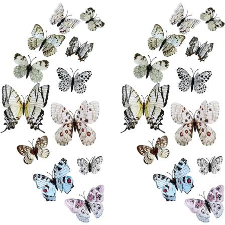 Avtagbar 3D fjäril väggklistermärke dekoration (dubbelskiktad - vit/24 stycken) White
