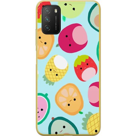 Kompatibel Mobilcover til Xiaomi Poco M3 Mønster af kawaii frugter som jordbær citron ananas og avocado på lyseblå baggrund