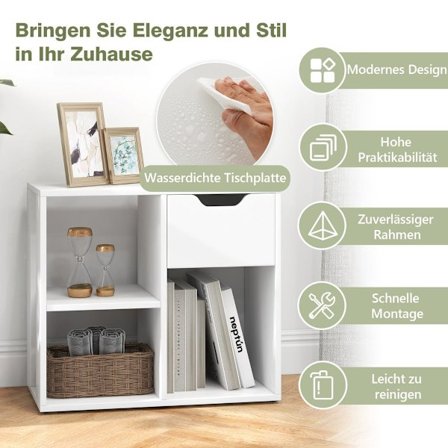 Kirjahylly laatikolla ja 3 hyllyllä, valkoinen, 60x30x53 cm