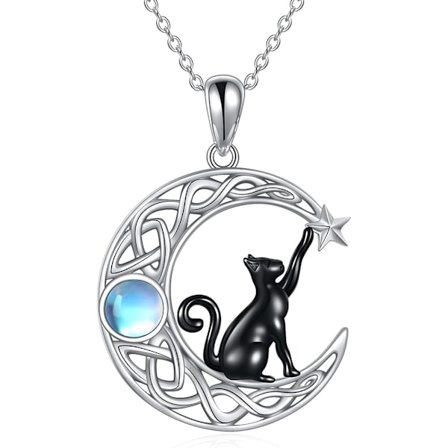 925 Sterling Silver Halsband med Svart Katt och Månhänge Smycken Födelsedagspresenter till Kvinnor Tonårsflickor