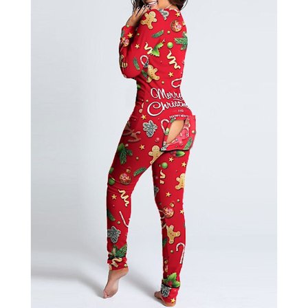 Sexet pyjamas til kvinder julepyjamas nytårs jumpsuit nattøj knaplukning foran bagdel åben numse klap jumpsuit juleprint loungewear