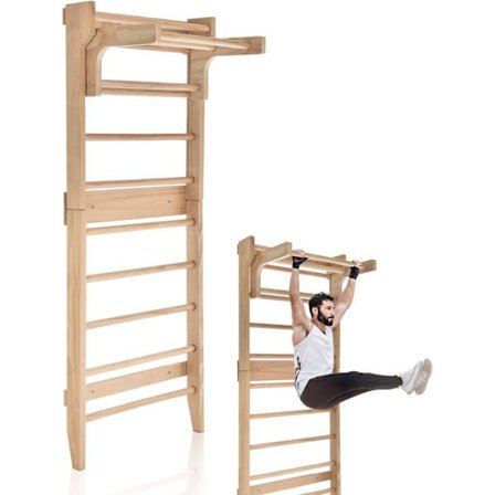 COSTWAY träväggstänger med 10 fasta stänger och löstagbar horisontell stång för hemmaträning, 80X48X195 CM, belastning 100 KG