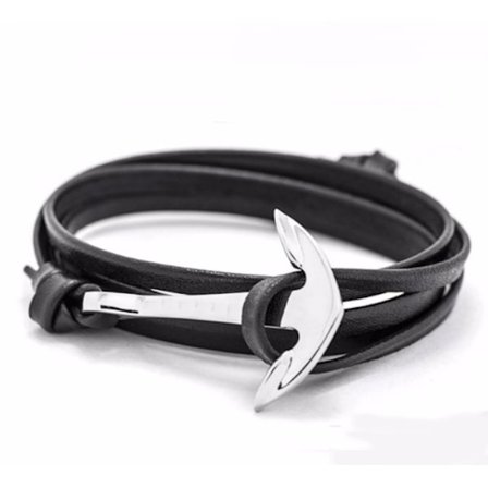 Armbånd læderrem sort med sølvfarvet anker unisex dame herre smykke