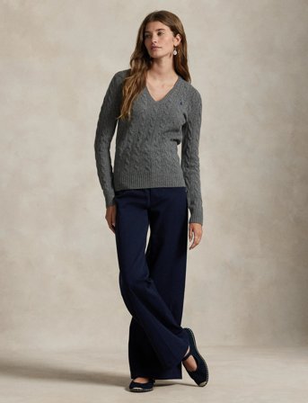 Polo Ralph Lauren Cable-Knit Wool-Cashmere V-Neck Sweater - Grey - XL