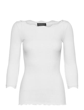 Organic T-Shirt Boat Neck W/Lace T-shirts & Tops Long-sleeved Hvit Rosemunde