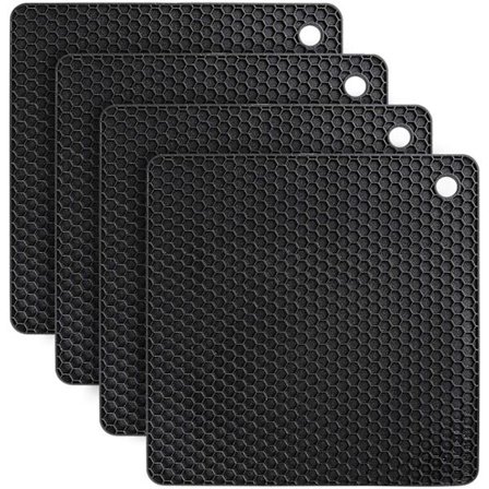 Set med 4 Silikon Halksäkra Underlägg, Skedstöd, Matlagning och Servering (Kvadrat - Svart)