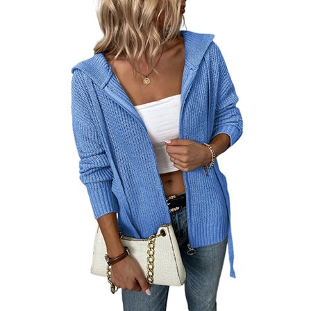 Dam Hoodie Långärmad Stickad Cardigan Öppen Fram Snygg Tröja Kavaj med Dragkedja Casual Tröjor Lätt Ytterplagg