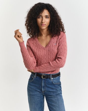 GANT Damen Zopfstrick V-Neck Pullover aus Stretch-Baumwolle (M)