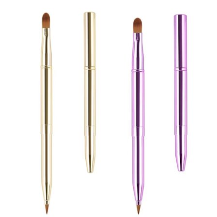 Læbepensel, Indtrækkelig Læbepensel, Dobbeltsidet Rejse Lip Makeup Pensel Sæt til Læbestift Læbegloss Inkluderer Låg (Guld + Lilla)