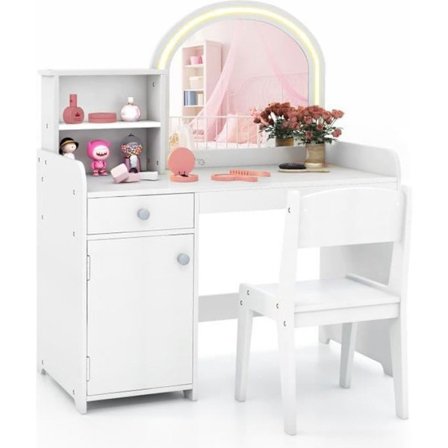 Sminkebord til børn med spejl og skammel - COSTWAY - Hvid - 120 LED-lys - Anti-vip
