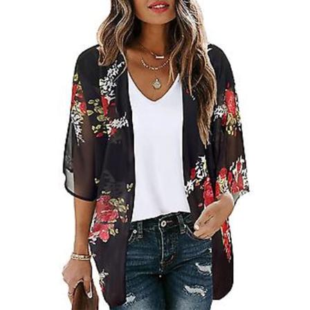 Dam Kimono Cardigan med Blommigt Mönster, Puffärmar, Lös, Casual Blus Toppar (3XL svart)