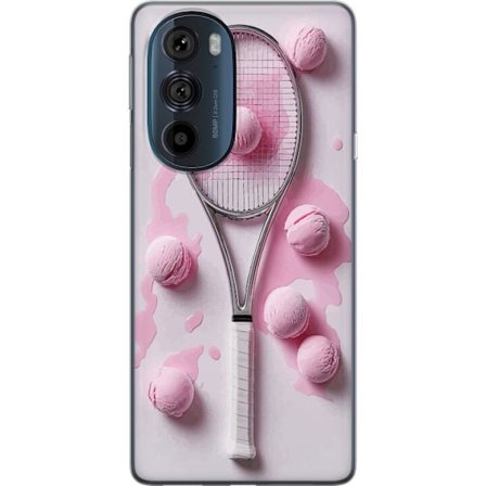 Kompatibel Mobilcover til Motorola Motorola Edge 30 Pro Rosa glaskugler og tennisketsjer i et kreativt stillbillede med legende popfølelse og moderne