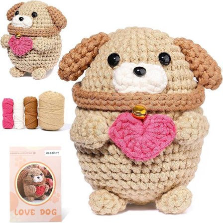 Virkkauksen aloituspakkaus, eläinvirkkauslankapakkaus puuvilla-nylonsekoitusta, koiran virkkauspakkaus sisältää ohjeet ja video-opetusohjelman