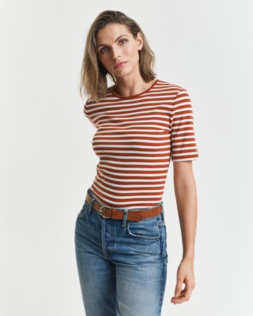 GANT Damen Geripptes T-Shirt mit Streifen (L)