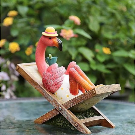 Flamingostatue, Liggende på Flamingo-Solseng, Hagedekorasjon, Tropisk Strandskulpturfigur, Utendørs Plen Terrasse Dekor
