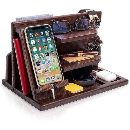 Træ Telefon Docking Station Ask Nøgleholder Pung Stand Ur Organizer Mænd Mand Kone Far Fødselsdag Natbord Taske Far Eksamen Mandlig