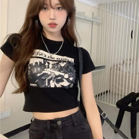 Print kortärmad t-shirt kvinnor med rund hals Casual Crop Black M