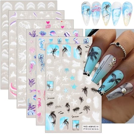 Kesäkynsitarra Ocean Nail Art -tarrat 3D Itseliimautuva DIY Kynsitarra Palmu Meri Ranta Pilvi Meduusa Meritähti Kynsitarvikkeet Naisille