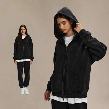 IEFB Herreklær Voks Trykk Vintage Herre Hettegensere Oversized Løs Glidelås Vannvasket Plysj Genser Trendy Ny 9C9349