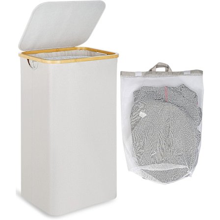 110 liters kleskurv med nettinglomme og lokk (beige), bambushåndtak, XXL sammenleggbar kleskurv