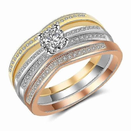 Guld, Silver, Roséguld Tri-färgad Blandad Punkt Diamant Set Med Rund Zirkon Set Ring - Trendig Tri-färgad Blandad Punkt Diamant Set Rund Zirkon Set 