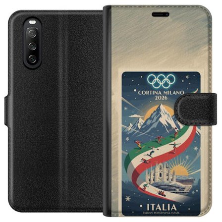 Yhteensopiva Lompakkokotelo Sony Xperia 10 III Mäkihyppykuvitus, jossa hiihtäjä tähtää kiväärillä lumisella radalla, teksti Milano Cortina 2026 ja oly