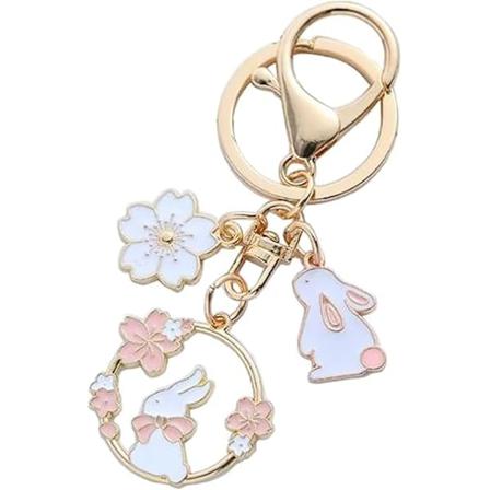 Cartoon Sakura Rabbit Keychain för flickor kvinnor blomma kanin hänge hummerlås nyckelring (stil B)