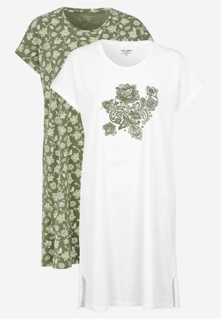 Cellbes of Sweden - Kortærmet natkjole 2-pack i kakigrøn / blomstret + hvid til damer i størrelse 38/40