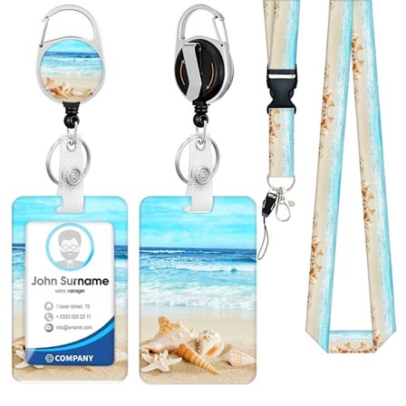 Udtrækkelig badgeholder med nøglesnor, søstjerne-skaldesign, vertikal ID-beskytter og drejelig clips til kontoret