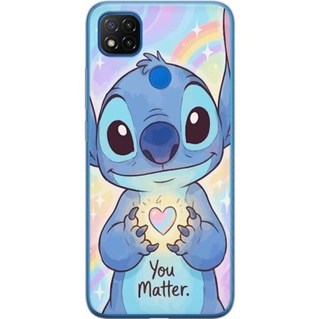 Kompatibelt Mobilskal till Xiaomi Redmi 9C Söt blå fantasifigur med stora glansiga ögon som håller ett lysande hjärta mot regnbågsbakgrund i mju