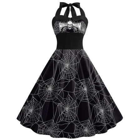 Halloween Kvinnors pumpa Bat Ghost Skeleton Print ärmlös rund hals Casual Hem Klänning COLOR 1 XL