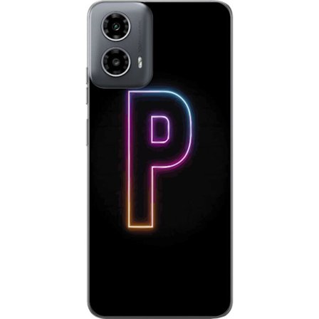 Kompatibel Mobilcover til Motorola Motorola Moto G34 Minimalistisk neonbogstav P i farvegradient og lyseffekt mod sort baggrund i digital neonstil