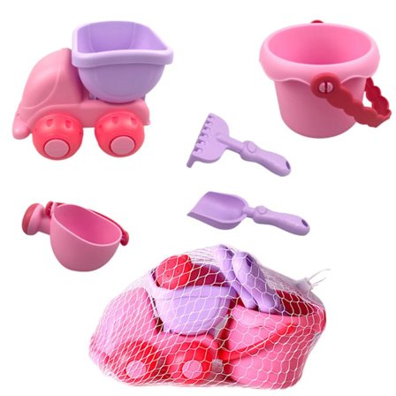 Strandleksaker för barn, 5 st sandleksaker strandleksaker med sandbil, hink, vattenkannor, spadar, kratta, utomhus sandlådeleksaker, rosa