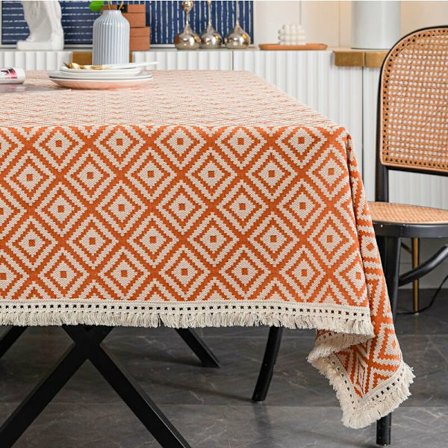 Suorakulmainen paksu neulottu brodeerattu hapsureunainen tekstuuripuuvillapellavaliina keittiön ruokasaliin, 55" x 55", 4 hengen