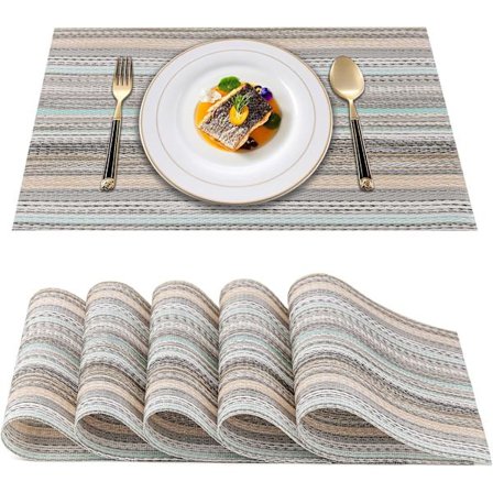 Set om 6 för matbord - Rustika bordsunderlägg vävda i vinyl PVC med grönt bondgårdsränder, halkfria