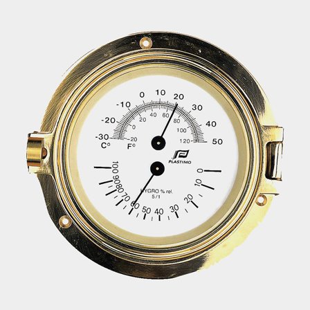 Hygrometer & termometer Plastimo Porthole 4.5", Ø115/140 mm, forgyldt messing