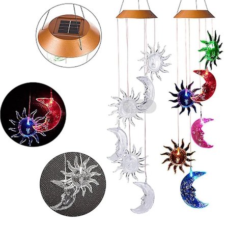 Solcelled Drevne LED Vindklokker med Sol og Månelys, Fargeskiftende, Utendørs 7y2e