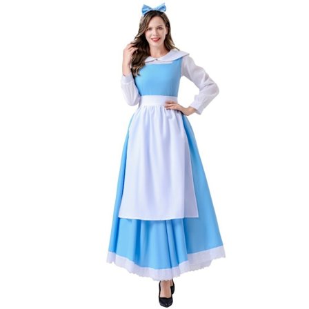 Klassisk Belle Cosplay Kostym, Prinsessan Belle Byklänning, Fransk Blå Piga Outfit för Halloween och Rollspel