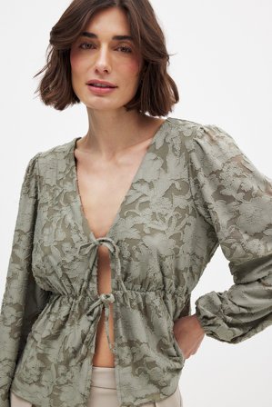 NA-KD Burn Out Puff Sleeve Top - Bluser - Grøn - XS