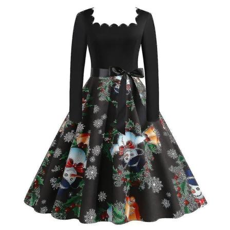 Långärmad julklänning för damer Xmas Party Swing A-line Klänningar U Black Green