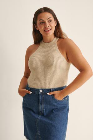 NA-KD Débardeur en maille côtelée à col montant recyclé - Grande taille - Beige - EU 44