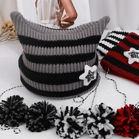 Y2K Beanie Hat Ins Devil Ear Striped Knitted Wool Cap Autumn Winter Hip-hop Crochet Cute Cat Ears Pointed Pullover Women's Hats