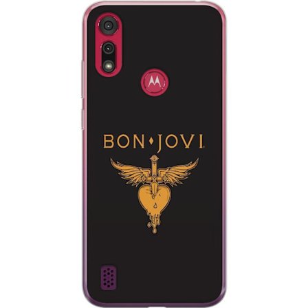 Kompatibelt Mobilskal till Motorola Motorola Moto E6s (2020) Ikonisk musikillustration med bevingat hjärta och dolk i guldtoner på mörk bakgrund, k